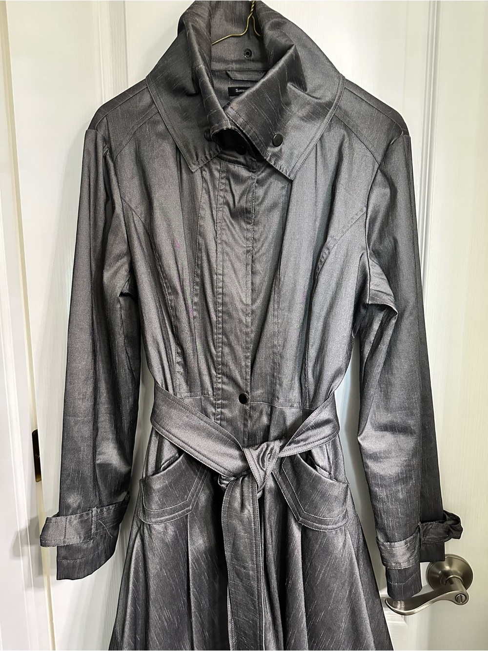 Samuel Dong Metallic Black Trench Coat with Waist Tie